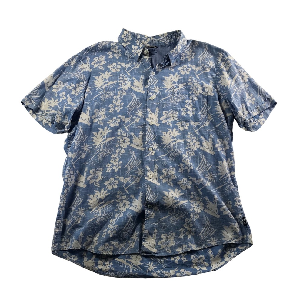 IZOD Saltwater Mens XL Blue Tropical Hibiscus Sailboat Cotton Button Down Shirt